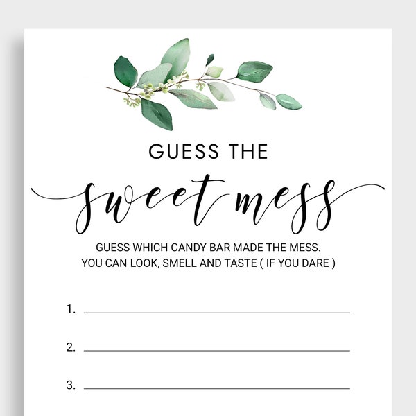 Guess the Sweet Mess Baby Shower Candy Bar Game Green Leaves Baby Shower Game Dirty Diaper Game Poopy Diaper Game Digital download