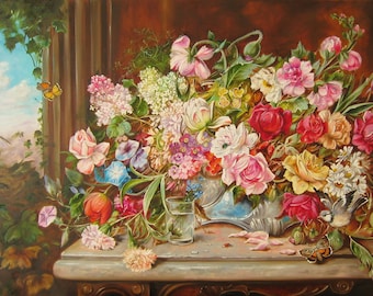 Original Oil Painting Canvas, Large Floral Still Life, Hand Painted Art