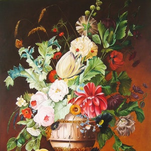 Dutch Still Life Artwork Original Oil Painting of Flowers, Vertical Floral Wall Art, Museum Quality Painting Reproductions, Vintage Art Copy