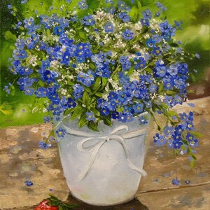 Forget Me Not Original Painting Oil on Canvas, Small Painting of Blue Flowers, framed painting, Gift for Mom, valentines day gift, romantic