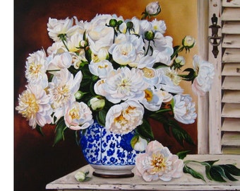 White Peonies with Still Life Flower Painting OIl Original Wall Art Canvas Large Art for Bedroom Peony Floral Art Painting in Provence Style