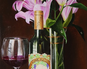 Wine Bottle and Pink Lilies Original Oil Painting, Still Life Canvas, Elegant Floral Art, Luxury Home Decor Artwork, Hand Painted Paintings