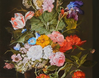 Moody Dutch Floral Still Life Original Oil Painting, Dark Flower Bouquet Hand Painted Canvas