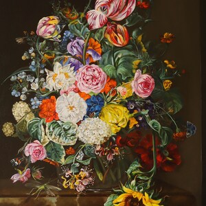 Dark Moody Art Floral Original Oil Painting on Canvas, Flower Bouquet Large Floral Still Life, Copying Rachel Ruysch, Dining Room, Art Gifts