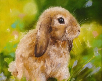 Easter Rabbit Painting, Original Animal Canvas Art, Small Painting Oil, Rabbit Bunny Painting, Easter Decoration, Nursery Contemporary Art