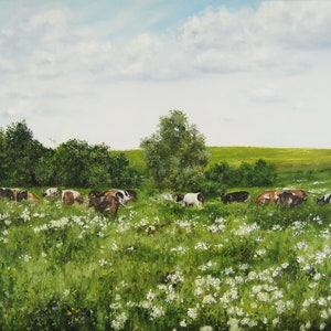 Cows in a field ORIGINAL OIL PAINTING Large Landscape, Grassland with Grazing Cows, Naturel Wall Art, Countryside Landscape, Farm Art