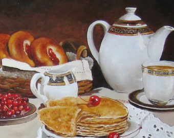 Drinking Tea Painting, Food OIl Painting, Tea Time Artwork Original Canvas, Food Still Life Fine Art, Farmhouse Wall Decor, Kitchen Wall Art