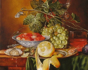 Fruit Still Life Original Oil Painting, Grapes Lemon Kitchen Wall Art