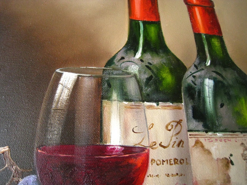 Original Oil Painting Wine and Fruit Still Life on Canvas: Bar Wall Art ...