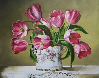 Original Oil Painting Pink Tulips Flower Still Life Wall Art Canvas