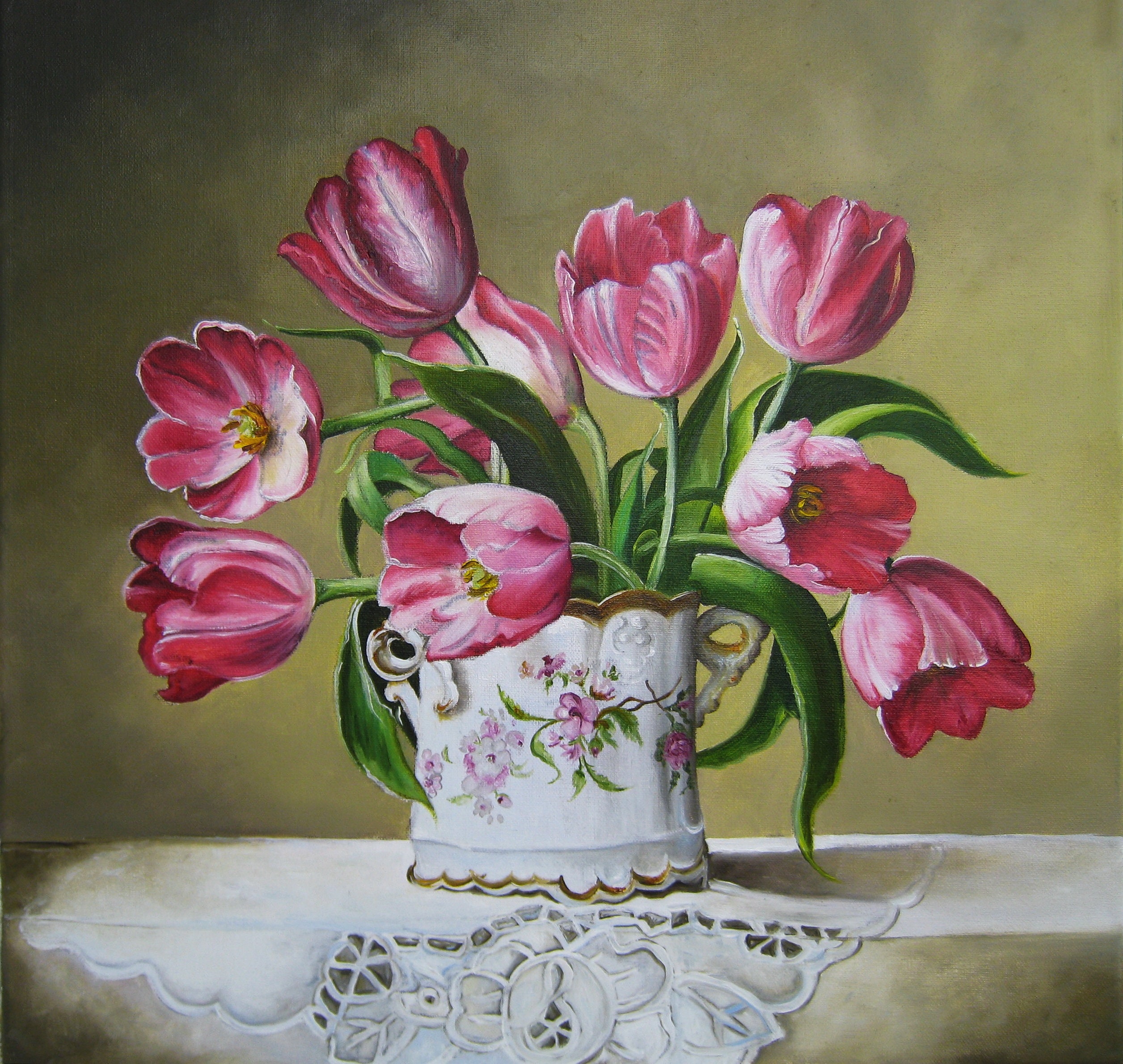 Original Tulips Oil Painting on Canvas, Still Life Flower, Pink Tulips ...