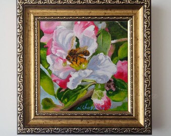 Oil Painting Bee on Apple Blossom Hand-Painted Canvas Art Original, 6x6 Gift for Gardener