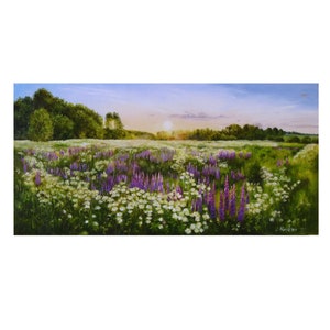 MEADOW LANDSCAPE Oil Painting Original, Summer Scenery Canvas Wall Art, Wildflowers Meadows Sunrise Nature Grassland, Classical, Wall Decor