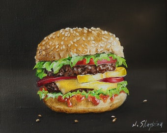Burger Original Oil Painting, Realistic Fast Food Kitchen Wall Art