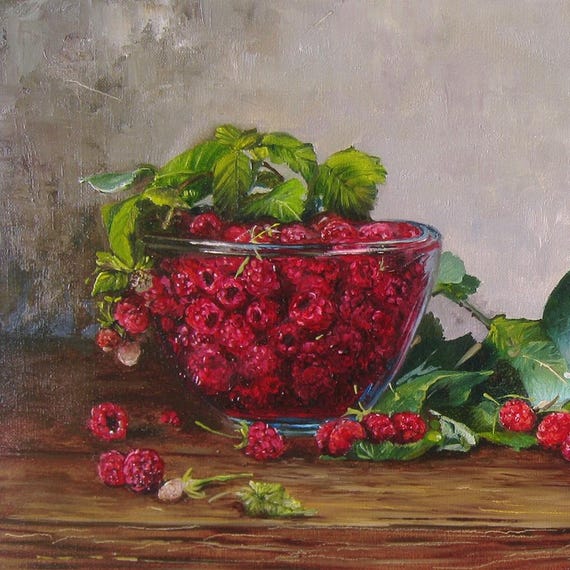 Raspberry Oil Painting, Original Fruit Still Life Art, Raspberries Hand Painted Canvas, Cottage Kitchen Artwork 10x20 in