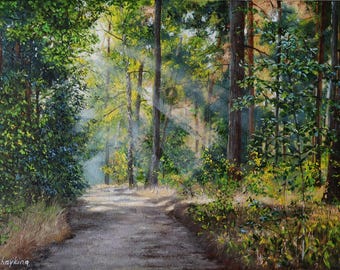 May include: An oil painting depicting a sunlit forest path surrounded by tall pine trees with textured bark. Beams of light filter through the dense green canopy, illuminating the dirt trail and the surrounding foliage in shades of green and brown.