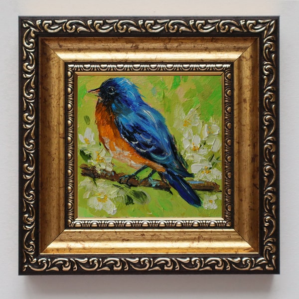 Bluebird Art Painting Original Oil, Bird lovers gift, American Songbird, Wildlife, Tiny Art Frames, Cute Animal Drawing, Mothers Day Gift