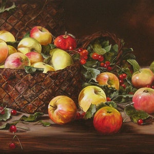 Oil paintings of Red Apples, Original Art Painting Fruit Still Life on Canvas, Classic Fine Art, Hand painted Artwork Realism Ready to Hang