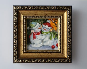 Christmas Original Painting in Frame, Snowman Small Art, Xmas Gift, Miniature Oil Paintings, Winter holiday Wall Decor Christmas Decoration