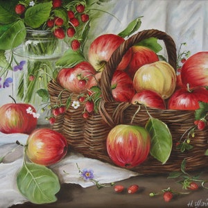 Original Still Life with Apples in a Rustic Basket, Fruit and Strawberries Oil Painting on Canvas, Country Kitchen Wall Art, Farmhouse Decor