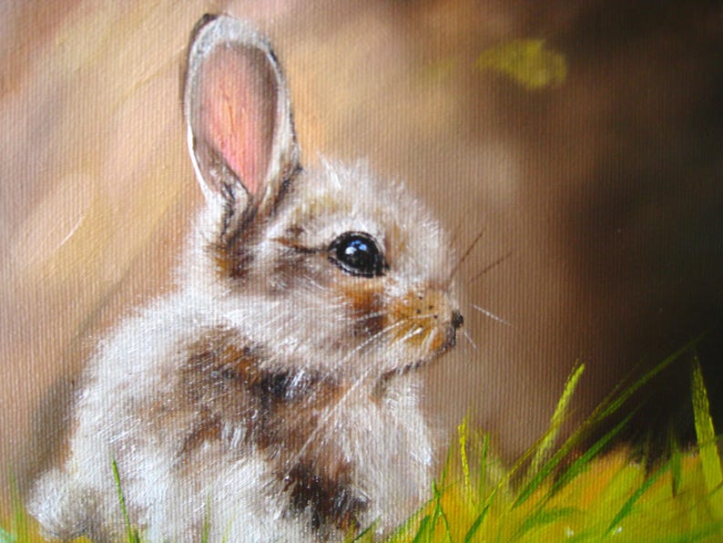 Original Oil Painting Rabbit in Grass, Impressionist Animal Artwork, Nursery Wall Decor imagem 2