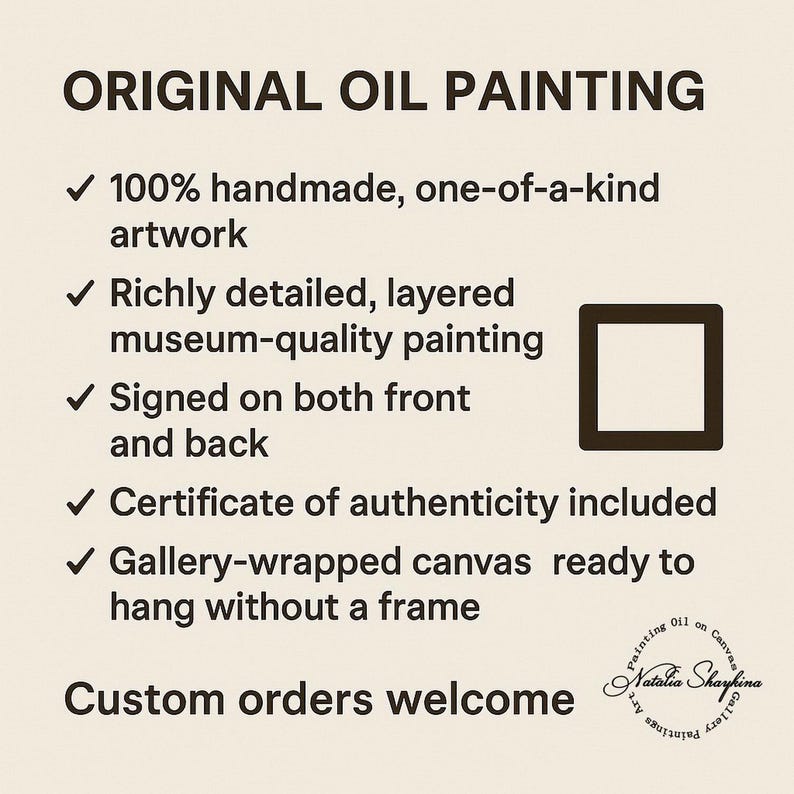 May include: An image with the text "ORIGINAL OIL PAINTING" and details about the artwork. The text includes "100% handmade," "museum-quality painting," and "gallery-wrapped canvas." The artist's name and gallery name are also visible.