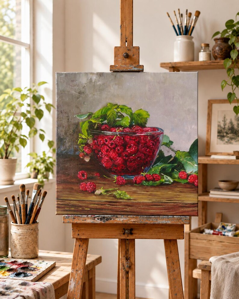 May include: A square oil painting on canvas depicting a clear glass bowl filled with vibrant red raspberries. The bowl sits on a dark wooden surface, surrounded by green leaves and scattered berries, set against a neutral gray background.