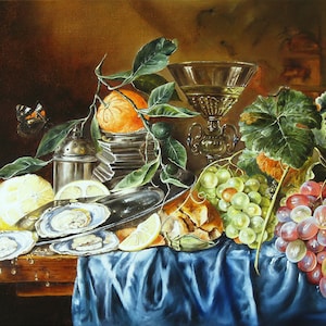 May include: An oil painting still life featuring a silver platter with open oysters, a lemon, a silver shaker, a glass goblet, a cluster of green grapes, and a large bunch of red grapes on a blue cloth, with a butterfly and a bee present.