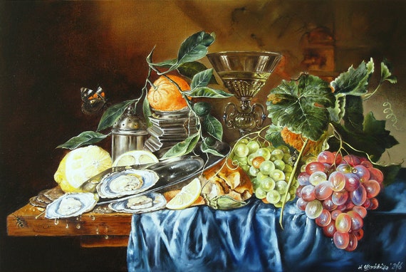 Oil Painting Dutch Still Life Hand Painted Canvas, Oysters, Grapes, Lemons, Realistic Fine Art