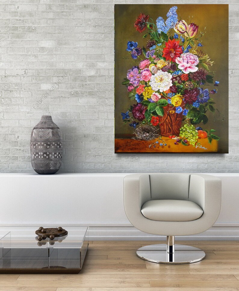 May include: A still life painting of a vase filled with a variety of colorful flowers, including roses, lilies, and tulips. The vase is brown and has a rustic appearance. There is a bird's nest with eggs in the foreground, and a bowl of fruit on the table.