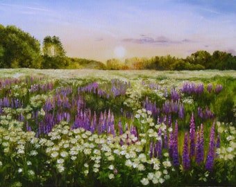 Original Oil Painting Meadow: Summer Wildflower Landscape Canvas Art, Cozy Artwork for Farmhouse
