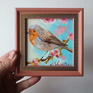 Framed Robin Oil Painting: Miniature Bird Art, Spring Decor 4x4&quot;