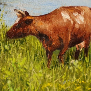 Cow Farm Life Original OIl Painting on Canvas, Farm Animal Fine Art, Pastoral Landscape, Narure Artwork, Farmer Cow Painting, Grazing Cattle image 7