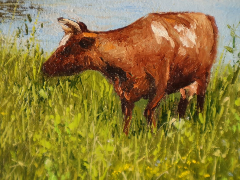 Cow Farm Life Original OIl Painting on Canvas, Farm Animal Fine Art, Pastoral Landscape, Narure Artwork, Farmer Cow Painting, Grazing Cattle image 7