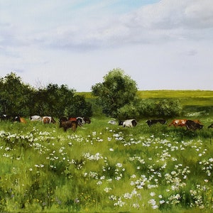 Cows in a Meadow Painting, Pastoral Landscape Original, Farm Scene Wall Art, Grassland with grazing Cows Pasture Artwork, Farmlife on Canvas