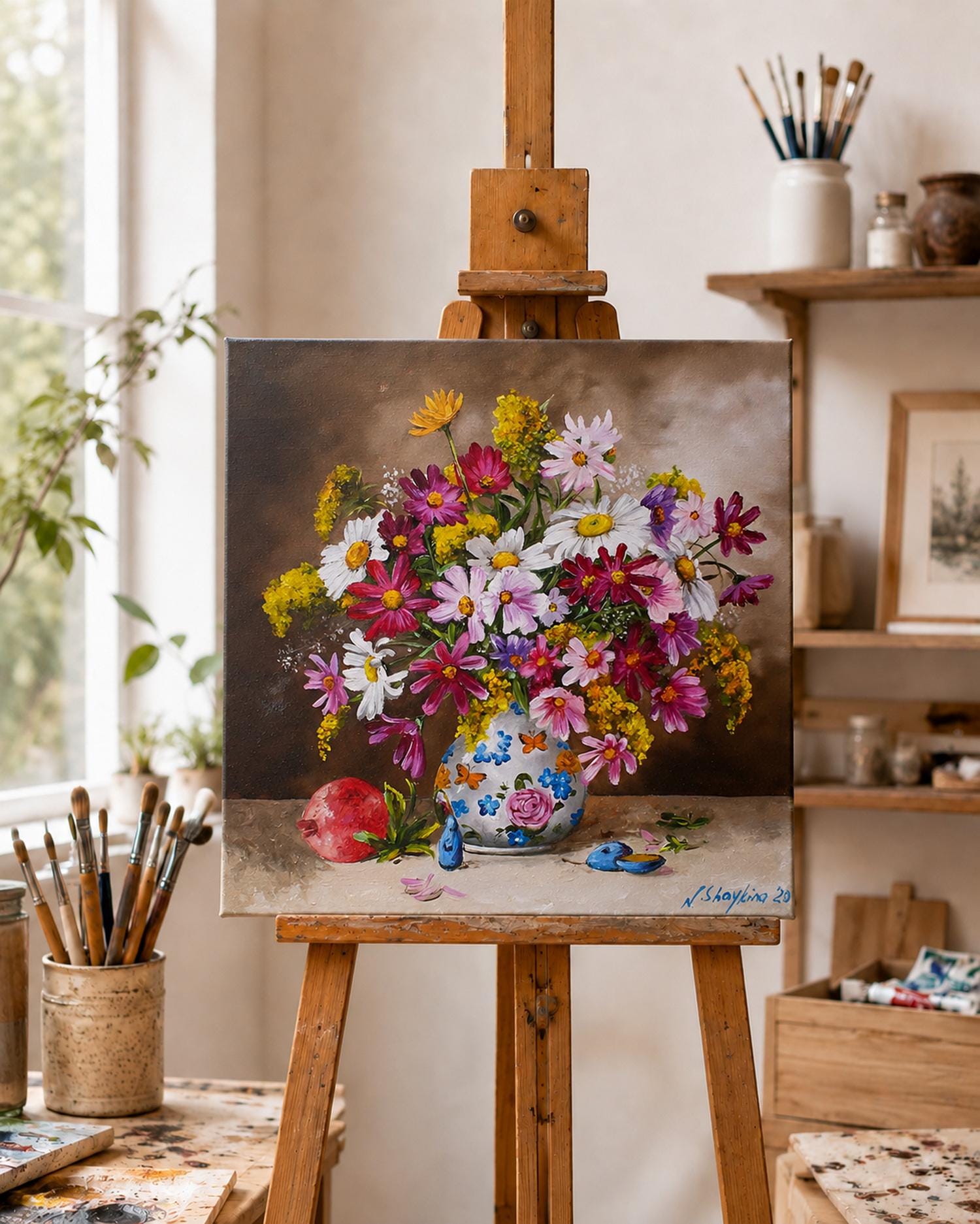 【レア！美品】Cosmos Giftsバレエ フォトフレーム コスモスギフト Cosmos Flower Painting Original Oil, Colorful Floral Art, 12x12