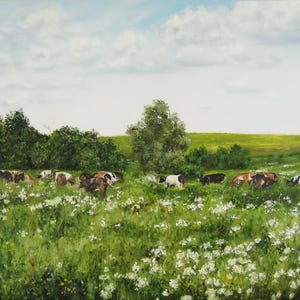Cow Painting on Canvas, Large Landscape Oil Painting of Grazing Cows, Country Farm Wall Art, Rustic Decor, Original Pastoral Artwork