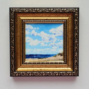 Mini Seascape Oil Painting, 4x4 Beach Ocean Art, Original Coastal Landscape, Small Framed Artwork, Nautical Decor, Summer Gift Idea