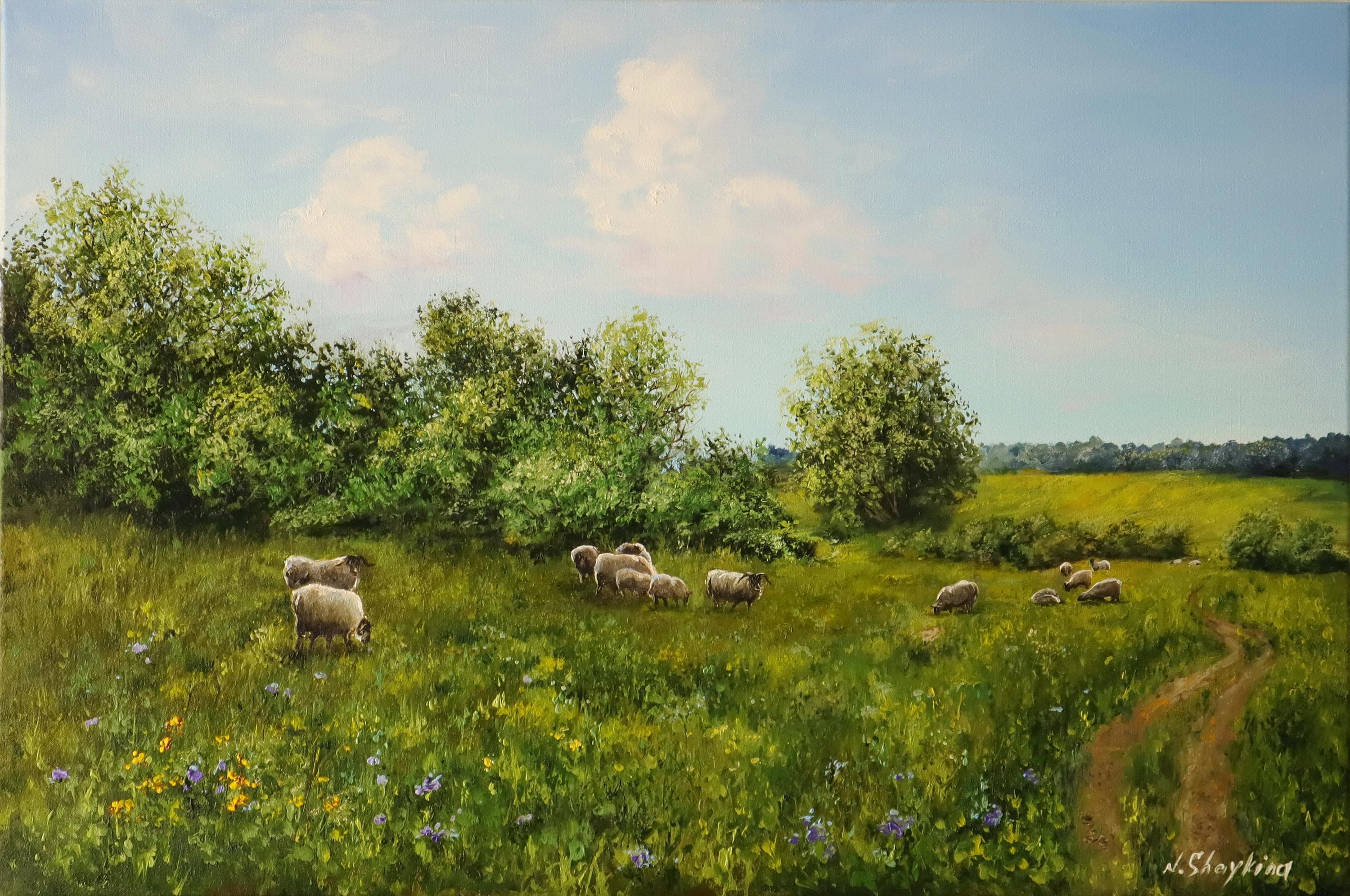 Sheep Meadow Painting Oil Original Country Farm Landscape Wall Art ...