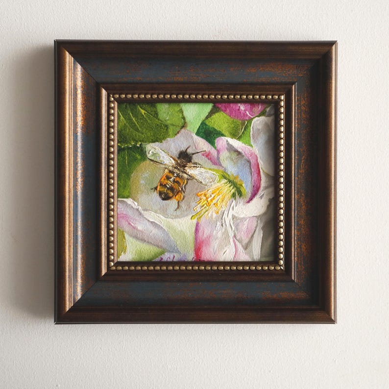 Bee Original Oil Painting on Blossom Flower, Mini Framed Floral Art ...
