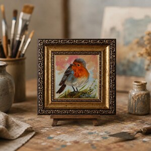 May include: A square oil painting of a small robin with a bright orange breast and grey wings, perched on a branch. The artwork is encased in an ornate, dark gold-toned frame with intricate embossed patterns and rests on a small wooden easel.