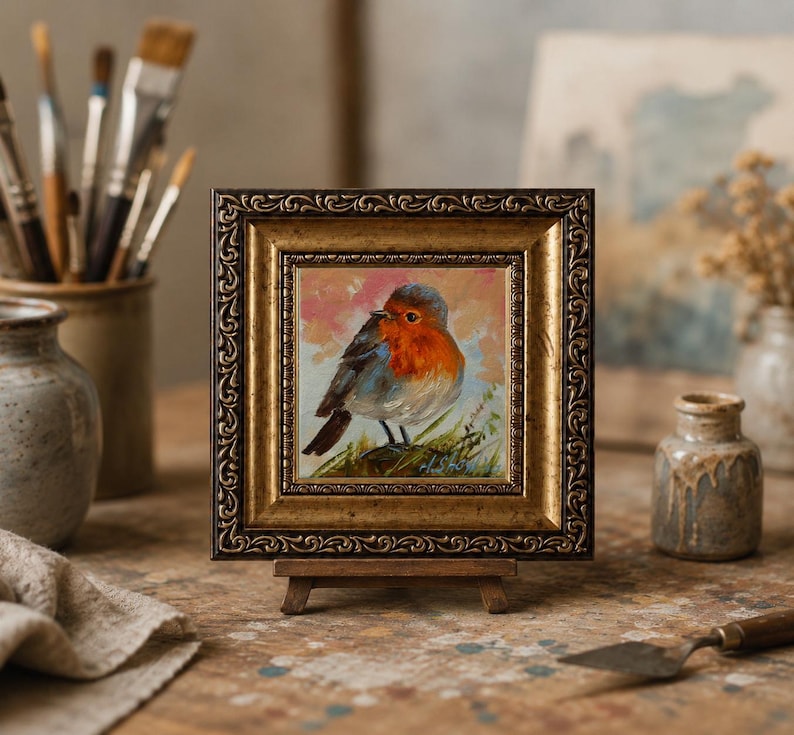 May include: A square oil painting of a small robin with a bright orange breast and grey wings, perched on a branch. The artwork is encased in an ornate, dark gold-toned frame with intricate embossed patterns and rests on a small wooden easel.
