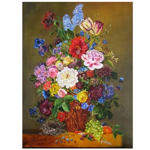 May include: A still life painting of a bouquet of colorful flowers in a brown ceramic vase. The flowers include roses, lilies, tulips, and other blooms. The vase is surrounded by green grapes, a red apple, and a bird's nest.