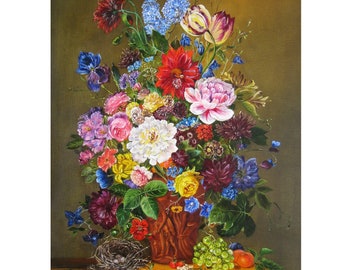 Bright Flowers Painting Oil, Still Life, Colorful Floral Canvas Art Original, Large Painting Flowers, Antique Flower Art, Farmhouse Chic Art