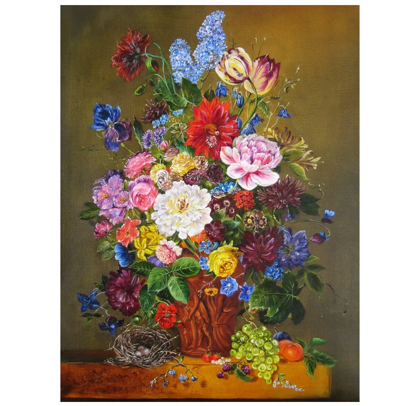 May include: A still life painting of a bouquet of colorful flowers in a brown ceramic vase. The flowers include roses, lilies, tulips, and other blooms. The vase is surrounded by green grapes, a red apple, and a bird's nest.