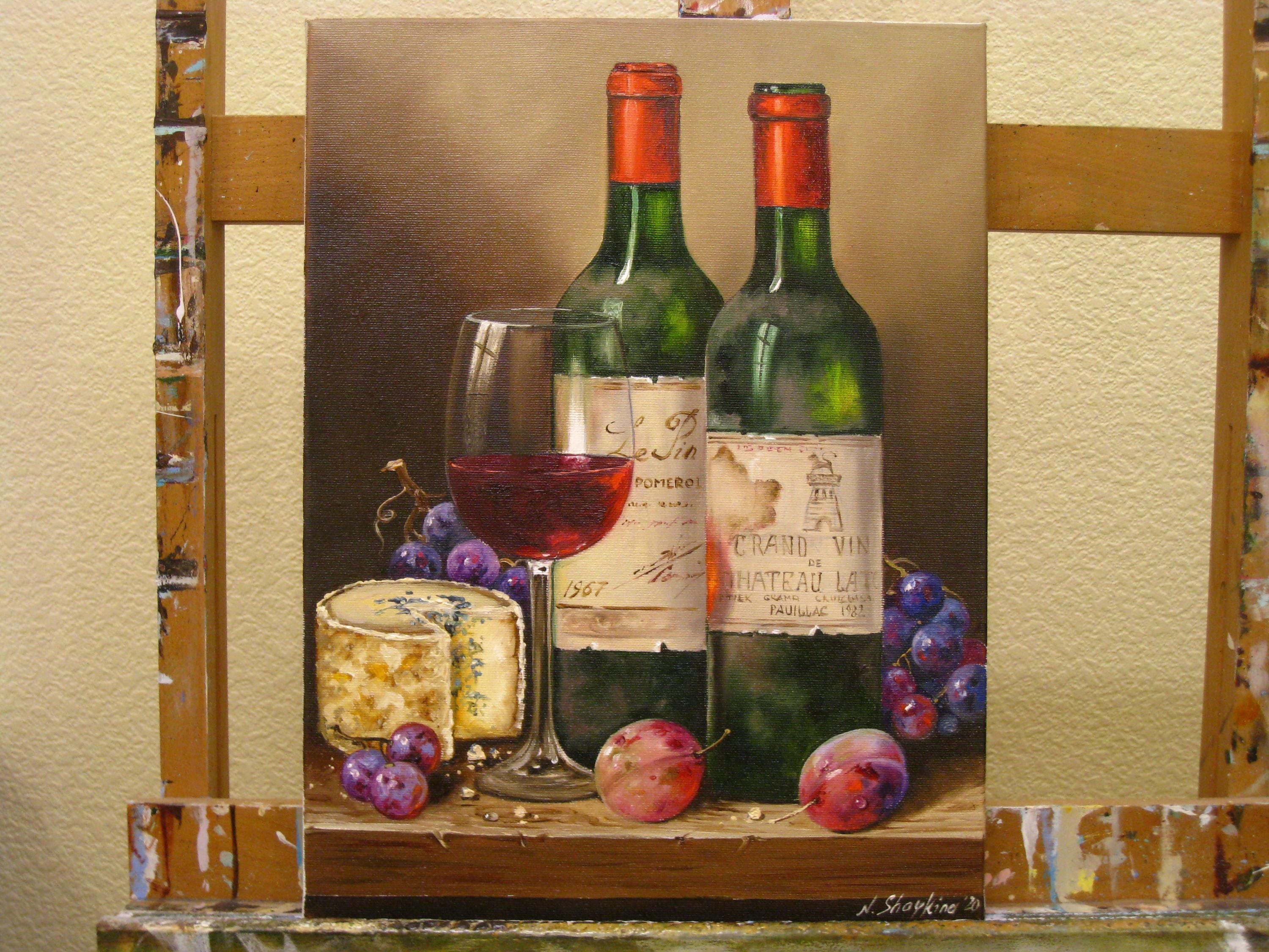Wine Bottles and Cheese Oil Painting, Original Still Life on