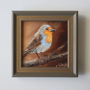 Bird Painting Miniatures Art for Mom, Robin Oil Painting Original Framed 4x4, Simple Tiny Art, Bird Small Wall Art Framed, Robin Lover Gift