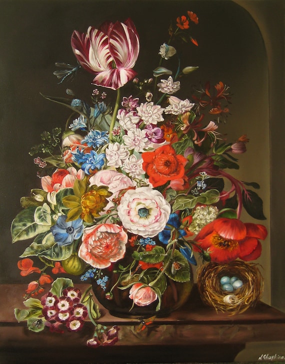 Hand-painted Floral Still Life Oil Painting, Dutch Moody Flower