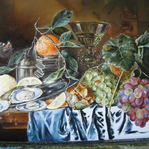 May include: An oil painting still life featuring a silver platter with open oysters, a lemon, a glass goblet, a stack of books topped with an orange, green and red grapes, and a blue cloth draped over a wooden table with a butterfly nearby.