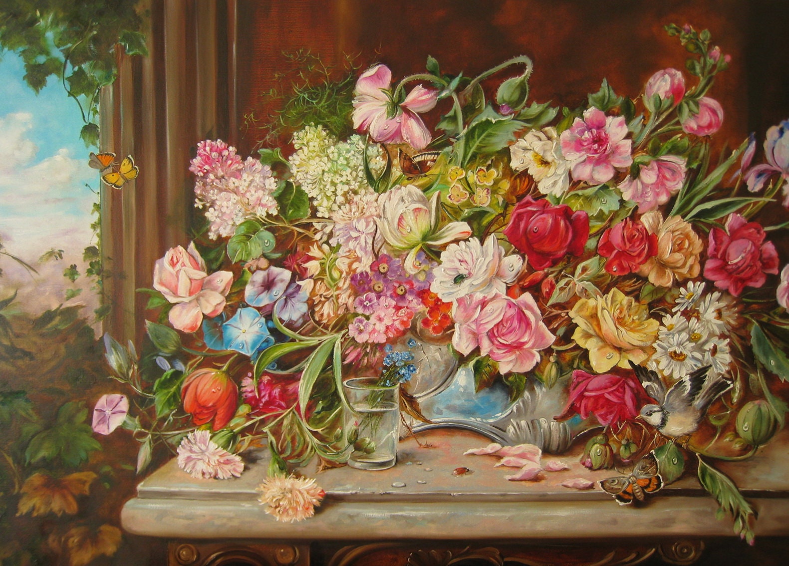 絵画 Oil painting of beautiful flowers. Beautiful Original Still Life Oil Painting Of Flowers Signed